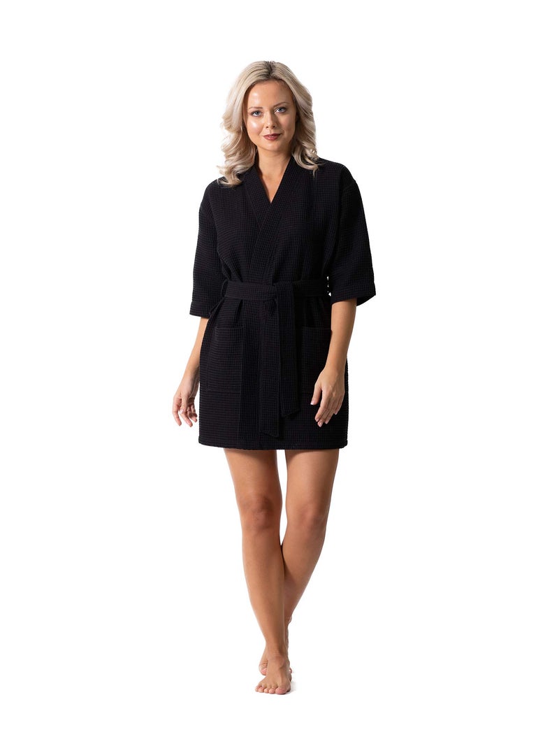 Robe Direct Lightweight Waffle Weave Bath, Spa & Bridesmaids Kimono Short Robes (Large, Black) - Image 3